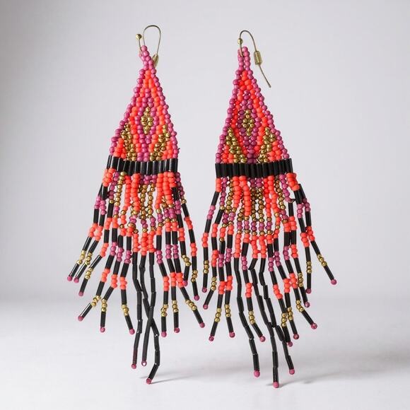 Handmade Jewelry - Boho Handmade OOAK Beaded Hanging Earrings Long Lightweight Pink Orange Black